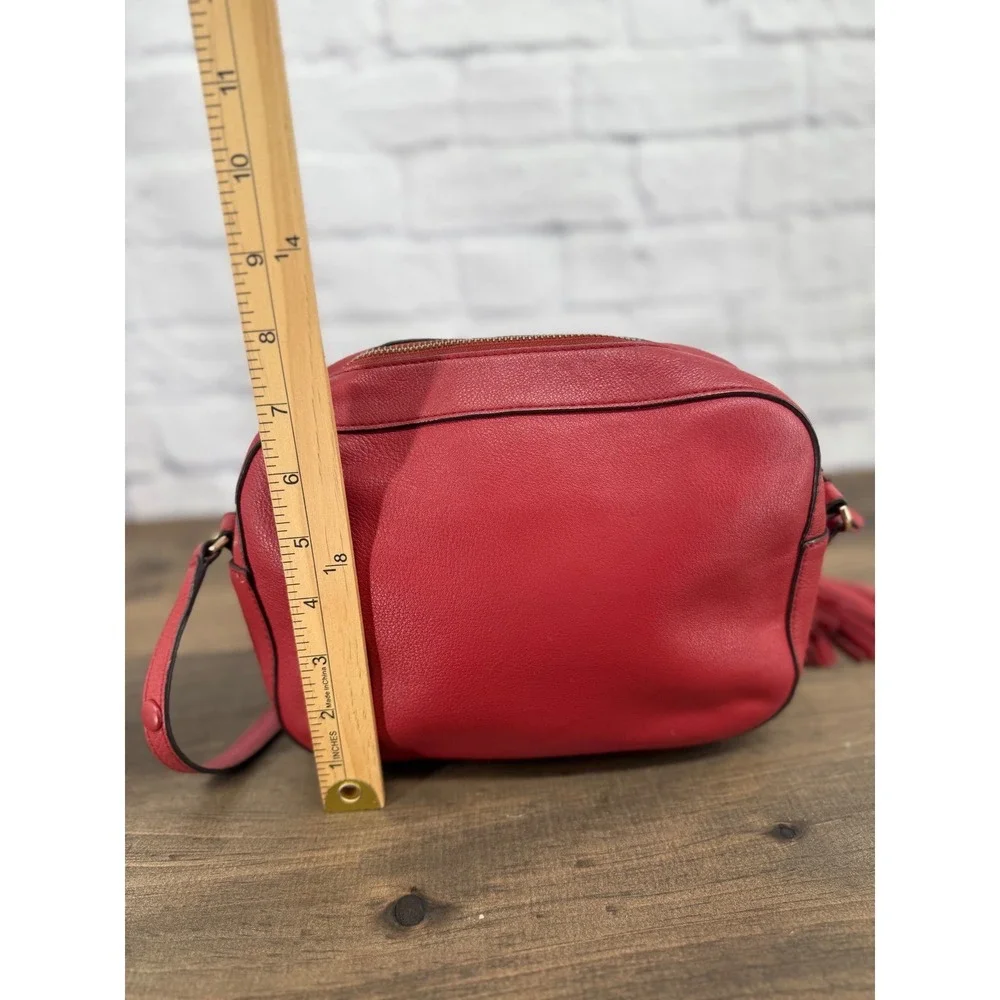 Tory Burch Thea Camera Bag Burgundy Red Pebbled‎ Leather Crossbody Tassel Purse